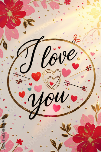 I Love you - A delicate, heart-shaped Valentine's Day card with a soft pink background, adorned with intricate floral patterns 