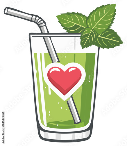 Refreshing green drink with mint and heart symbol in a glass with straw