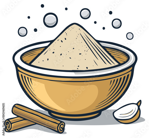 Spice Powder in a Bowl with Cinnamon Sticks and Anise Star, Aromatic Ingredient Illustration