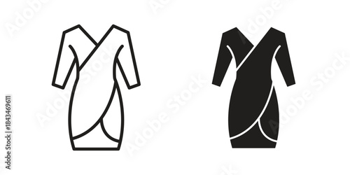 Jersey wrap dress icons. Solid black silhouette and line art outline. Minimal design element,