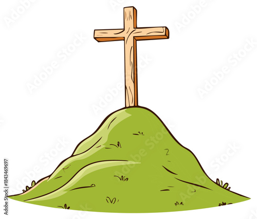 Cartoon wooden cross standing atop a green grassy hill, a religious symbol illustration.