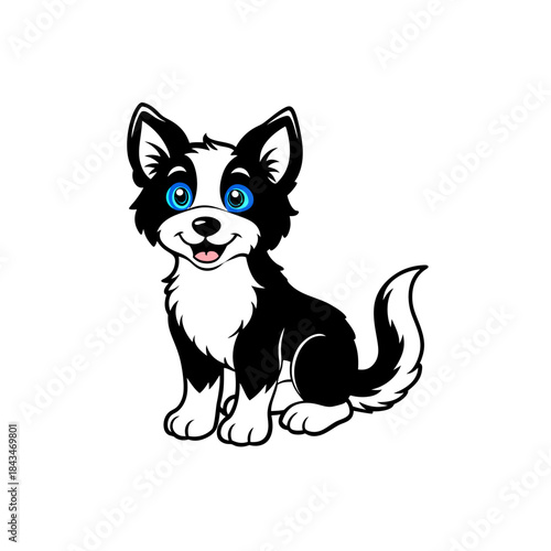 A cute cartoon black and white husky puppy with bright blue eyes sitting and smiling.