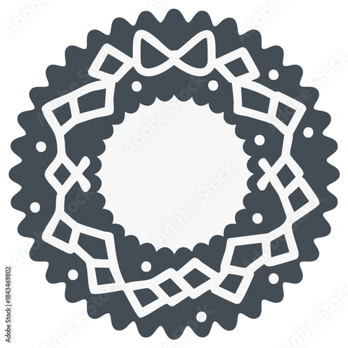 Stylized Christmas Wreath with Decorative Bow and Geometric Pattern