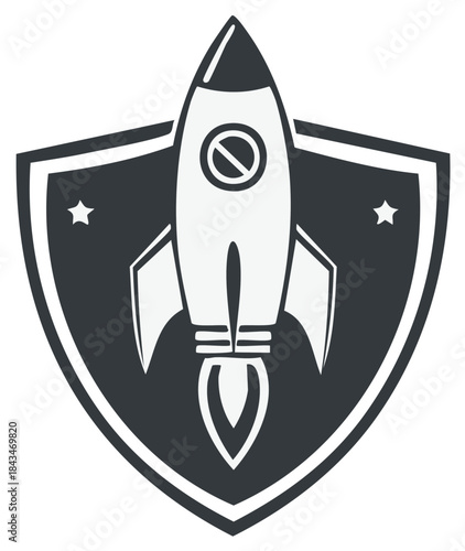 Illustration of launching rocket within shield emblem with stars emphasizing innovation and aspiration, presenting a bold concept, design element and symbol