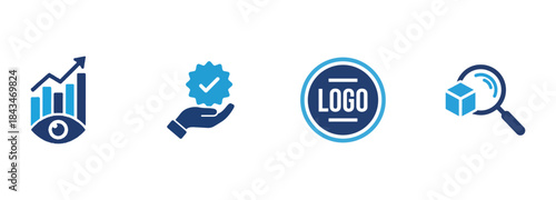 Four Business Strategy Icons: Analytics, Quality, Branding, and Search Optimization
