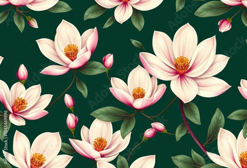 Elegant magnolia blossom pattern, repeating floral design, detail, background
