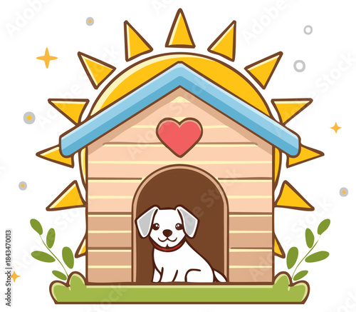 Adorable cartoon puppy sitting in a doghouse with a heart on a sunny day illustration