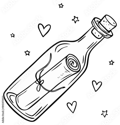 Drawn Message in Bottle Surrounded by Hearts and Stars Isolated Line Art Style