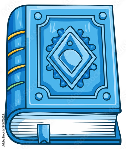 Vibrant blue illustrated book with ornate cover design and bookmark