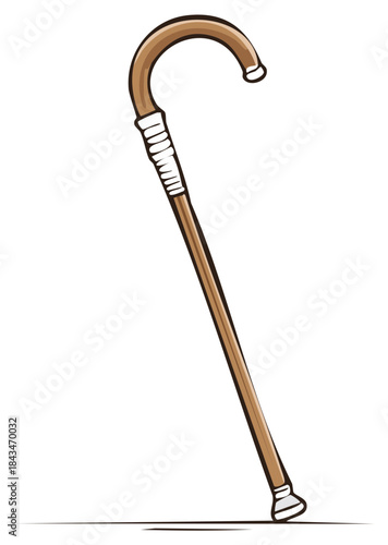 Cartoon drawing of a wooden walking cane for assistance and support