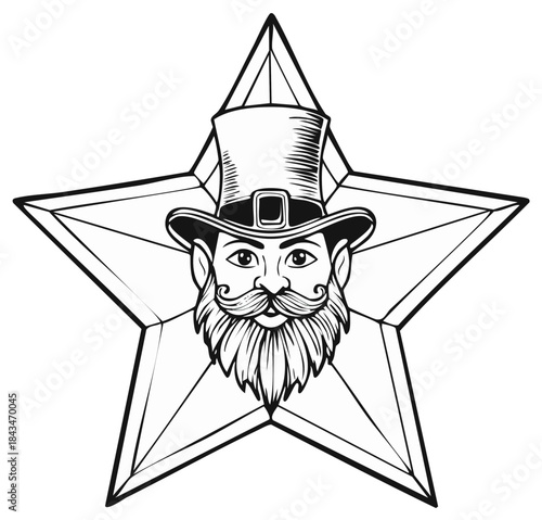 Dapper bearded man wearing a top hat emblem within a faceted star outline illustration