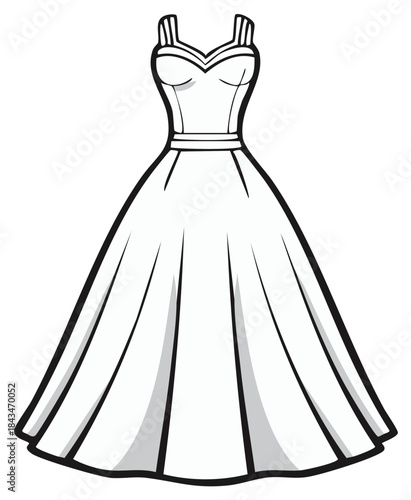 Stylized line art of a classic white prom dress with a fitted bodice and full skirt