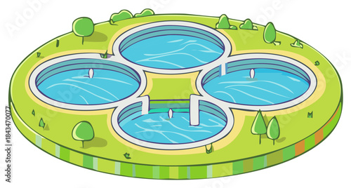 Sustainable water management system with four interconnected circular pools and green landscape