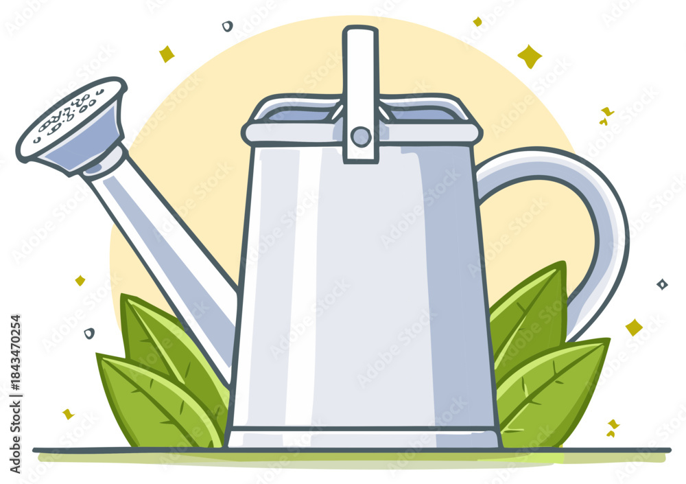 Obraz premium Gardening Watering Can Illustration with Leaves and Sparkles
