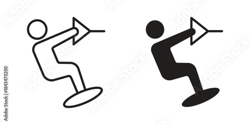 Kitesurf sign icons. Solid black silhouette and line art outline. Minimal design element,