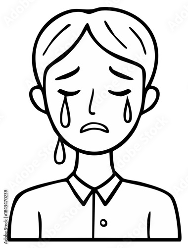 Simple black and white line art illustration of a person crying with tears, conveying sadness and emotional distress.