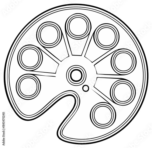 Retro film reel illustration with circular spools and radial spokes against a plain background