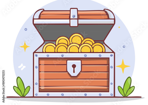 Pirate Treasure Chest Cartoon Coins, Jewels, and Plants Decorative Elements Isolated on White Background