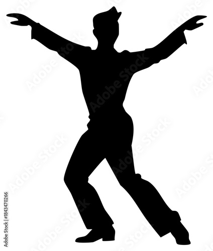 Silhouette of a man in a hat with arms outstretched, in a dancing pose