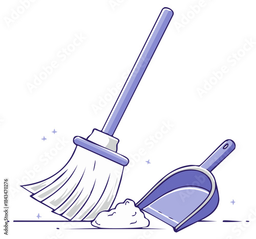Broom Sweeping Dust Pile with Dustpan for Cleanliness and Tidiness Illustration