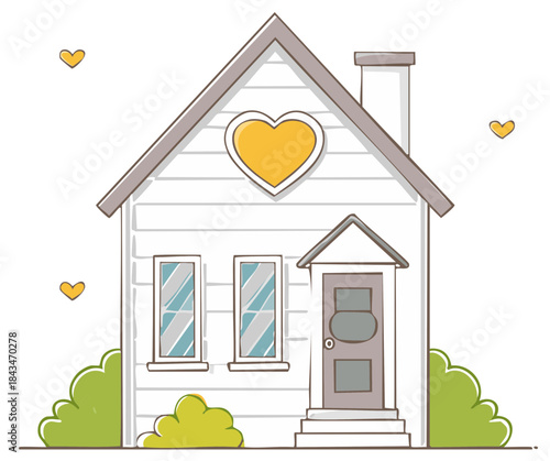 Cartoon house with heart-shaped window and door, with love heart decorations.