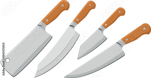 Professional kitchen knife illustration set featuring cleaver, chef knife, slicing blades, and wooden handles in clean modern vector style