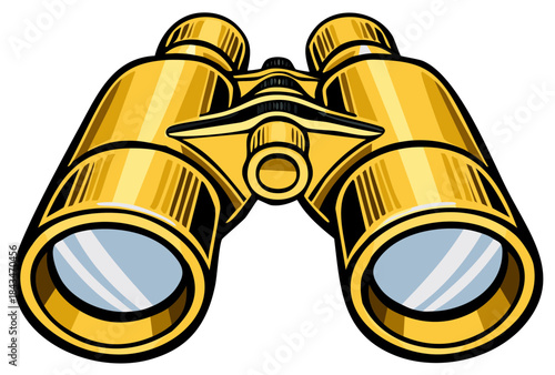 Pair of gold colored binoculars with eye lenses, looking through optical lenses