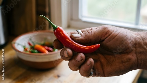 Close-up of Hand Holding Red Chili Pepper.