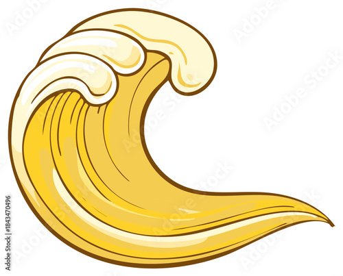 Stylized illustration of a golden ocean wave with foamy crest curling over itself