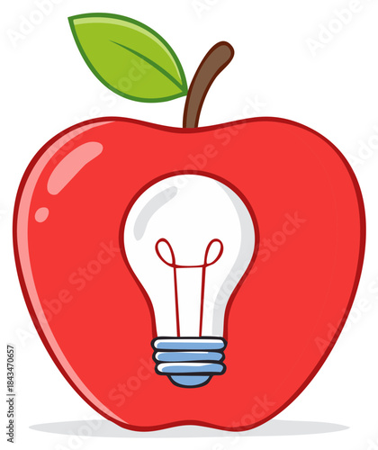 Red apple illustration with light bulb inside, symbolizing creativity, education, and new ideas.