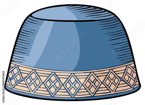 Blue and beige ornate cap illustration, traditional ethnic headwear design