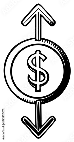 Dollar coin with up and down arrows illustrating financial fluctuation and market volatility