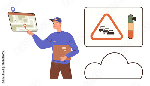 Delivery worker using digital map showing routes and location pin, assessing traffic with congestion meter and traffic flow warning. Ideal for logistics, delivery, mapping, navigation, planning