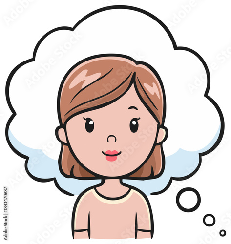 Cartoon girl with large thought bubble contemplating ideas and imagination