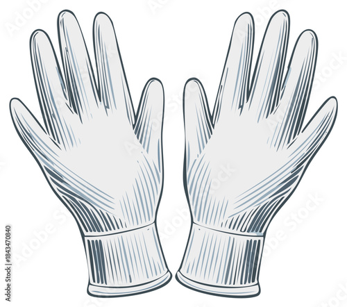 Two protective latex gloves, rendered in a vintage etched style, presented open and ready for use