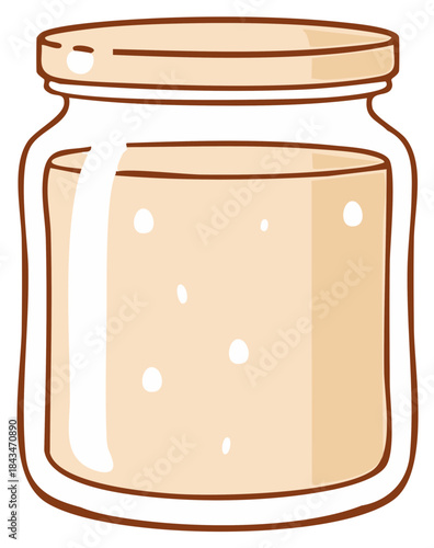 Cartoon illustration of a transparent glass jar filled with a light beige liquid and small bubbles