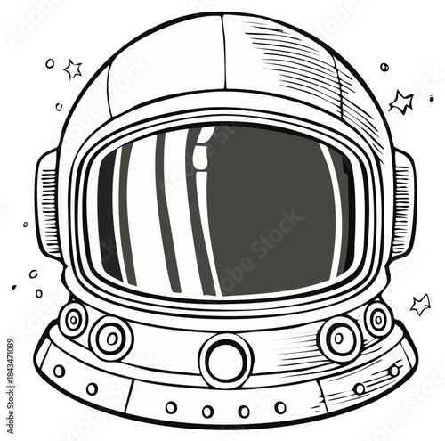 Classic astronaut helmet line art drawing with reflective visor and cosmic star elements