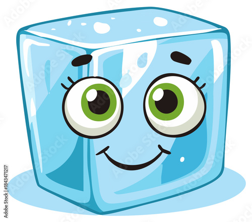 Cartoon ice cube character with big eyes and a smiling face, frozen water block with a cute expression.