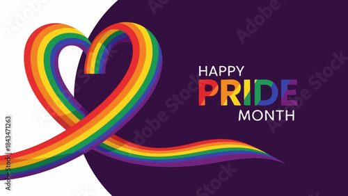 Rainbow Pride Month Heart Ribbon Graphic Design with Happy Pride Month Text