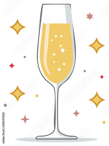 Festive champagne flute illustration with golden bubbles and sparkles for a celebration toast