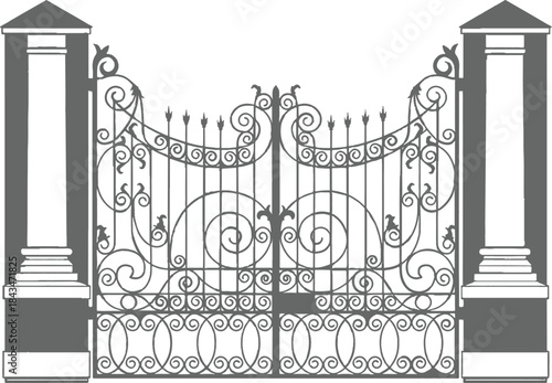 Vintage wrought iron gate frame vector design,  metal fence decoration pattern