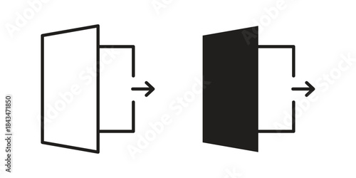 Logout icons. Solid black silhouette and line art outline. Minimal design element,