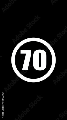 Number 70 in white oval on black background, seventieth anniversary symbol, numeric sign seventy