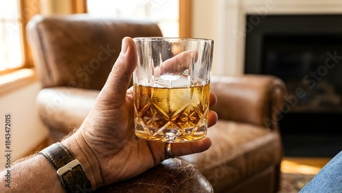 Person Holding Glass of Whiskey in Cozy Living Room.