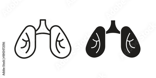 Lungs icons. Solid black silhouette and line art outline. Minimal design element,