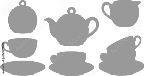 A set of ceramic vintage tea and coffee cups with a teapot, perfect for a hot breakfast beverage silhouette vector illustration