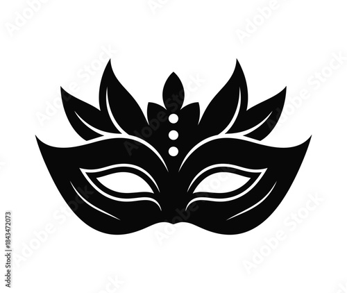 Elegant Black Masquerade Mask Vector Icon with Floral Leaves and Decoration