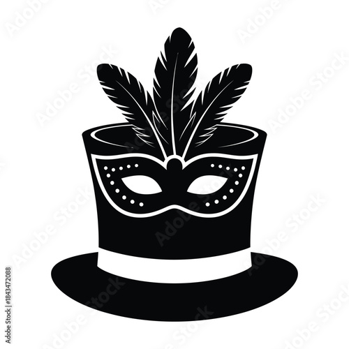 Black Masquerade Top Hat with Feathers and Mask Silhouette Vector