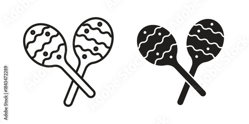 Maracas icons. Solid black silhouette and line art outline. Minimal design element,