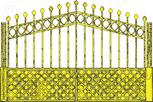 Metal fence pattern with barbed wire and geometric iron line texture